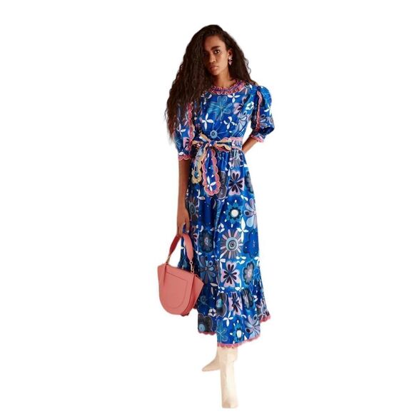 CeliaB Merapi Belted Puff Sleeve Corduroy Print Midi Dress Blue Women’s Size XL - Picture 1 of 12